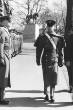 Cadet First Class officers formed the honor guard at Trophy Point for General Davison on the morning of his departure from West Point. The General (Right) is accompanied by Cadet First Captain C. Robert Arvin and Superintendent Maj. General JB Lamprey. First Captain Arvin with General Davison