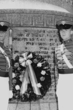 John Johnson, Bob Arvin, John Alger and Jay Vaughn lay a wreath at Battle Monument on Trophy Point, Memorial Day, 1965 Memorial Day at Trophy Point